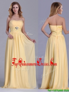 Lovely Empire Yellow Long Dama Dress with Beading and Ruching