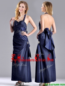 Luxurious Beaded Decorated Halter Top Dama Dress in Navy Blue