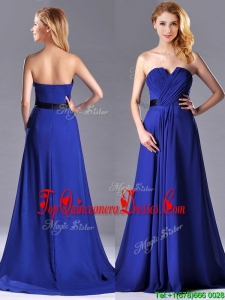 Luxurious Empire Chiffon Royal Blue Dama Dress with Brush Train