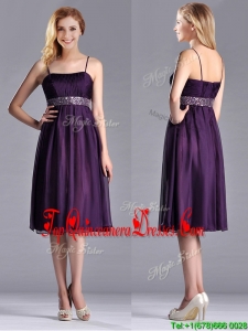 Modest Spaghetti Straps Beaded Chiffon Short Dama Dress in Purple