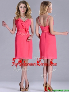 Popular V Neck Zipper Up Short Dama Dress in Coral Red