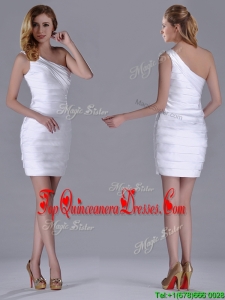 Column One Shoulder Ruched White Short Dama Dress for Homecoming