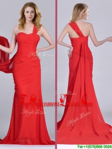 Column One Shoulder Watteau Train Coral Red Dama Dress with Side Zipper