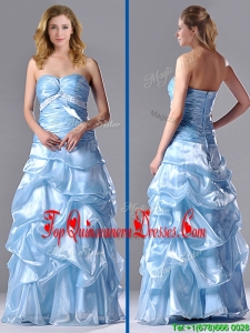 Column Sweetheart Long Light Blue Beaded Ruched Dama Dress in Organza