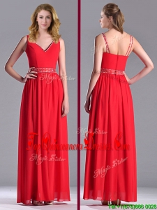 Fashionable V Neck Ankle Length Dama Dress with Beaded Decorated Waist