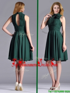 New High Neck Handmade Flower Dark Green Dama Dress with Open Back