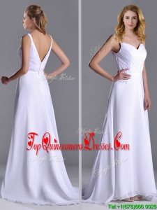 Popular Straps White Chiffon Dama Dress with Brush Train