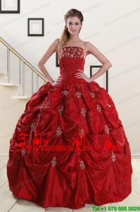 Discount Strapless Wine Red Appliques Quinceanera Dresses for 2015