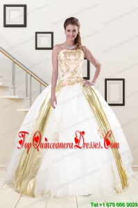 Popular Strapless White 2015 Quinceanera Dresses with Appliques