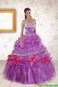 2015 Pretty Strapless Lilac Quinceanera Dresses with Appliques