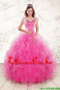 2015 Pretty Straps Hot Pink Quinceanera Dresses with Beading