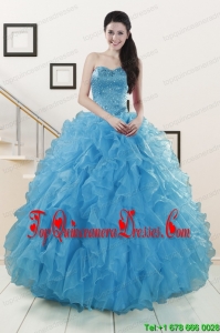 Hot Sell Beaded 2015 Quinceanera Dresses Ruffled in Blue