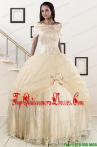 Cheap Appliques 2015 Champagne Quinceanera Dress with Wraps