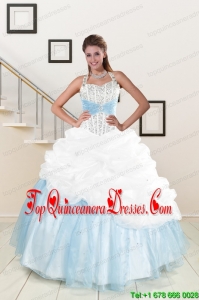 2015 New Style White and Blue Ball Gown Quinceanera Dress with Halter