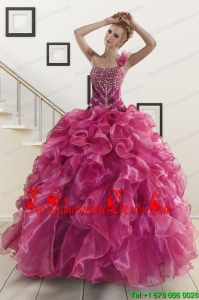 New Style Beading One Shoulder Sweet 16 Dresses in Fuchsia