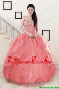 Watermelon Sweetheart Beading Appliques Ball Gown Sweet Perfect 16 Quinceanera Dresses