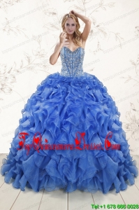Popular Beaded Royal Blue Sweet 15 Dresses with Sweep Train