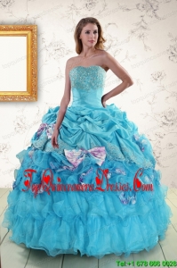 2015 Cheap Aqua Blue Appliques Quinceanera Dresses