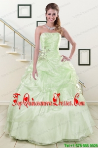 2015 Pretty Strapless Yellow Green Quinceanera Gowns with Beading