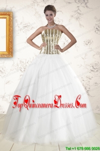2015 Pretty Tulle Strapless Sequins White Quinceanera Dresses