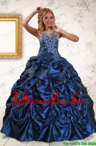 2015 Puffy Appliques Navy Blue Quinceanera Dresses with Pick Ups