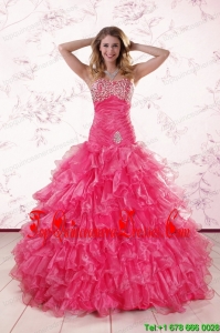 2015 Puffy Sweetheart Hot Pink Quinceanera Dresses with Ruffles