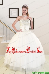 2015 Sweetheart White Puffy Quinceanera Dresses with Beading