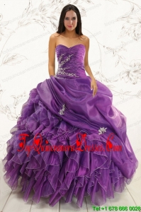 2015 Cheap Purple Ball Gown Quinceanera Dress with Appliques and Ruffles