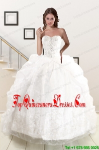 Cheap Appliques White Brush Train Quinceanera Dresses with Appliques and Pick Ups
