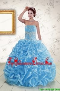 Puffy Strapless Beading and Pick Ups 2015 Quinceanera Dresses in Baby Blue