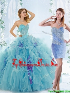 2016 Low Price Aque Blue Detachable Quinceanera Dresses with Beading and Ruffles