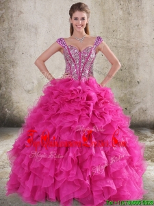 2016 Perfect Ruffled and Beaded Bodice Straps Hot Pink Quinceanera Dresses