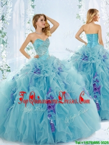 Affordable Beaded Aque Blue Detachable Quinceanera Dresses in Organza