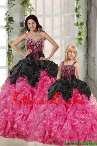 Ball Gown Beading and Ruffles 2015 Princesita Dress in Rose Pink and Black