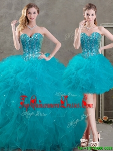 New Arrivals Beaded and Ruffled Teal Detachable Quinceanera Skirts in Organza