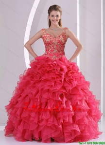 Detachable and Fashionable 2015 Modern Beading and Ruffles Quince Dresses in Red