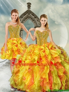 2015 Luxurious and Detachable Beautiful Yellow and Orange Sweet 16 Dresses with Beading and Ruffles