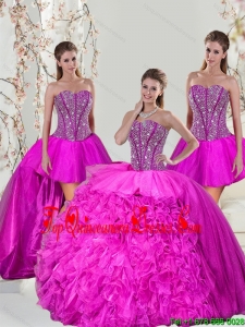 2015 Spring Detachable Hot Pink Sweet 16Perfect Quinceanera Dresses with Beading and Ruffles