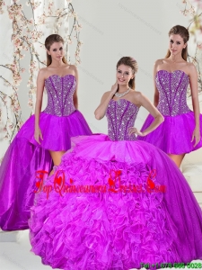 2015 Unique and Detachable Beading and Ruffles Fuchsia Puffy Sweet 16 Gowns