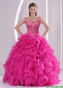 New Style Hot Pink Quince Dresses with Beading and Ruffles for 2015
