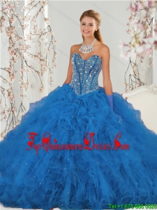 2015 Affordable Beading and Ruffles Aqua Blue Puffy Sweet 16 Gowns