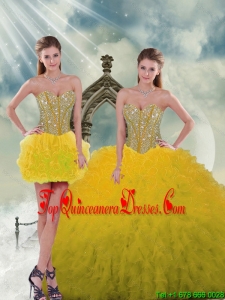 2015 Detachable Spring Yellow Sweet 15 Vestidos de Quinceanera with Beading and Ruffles