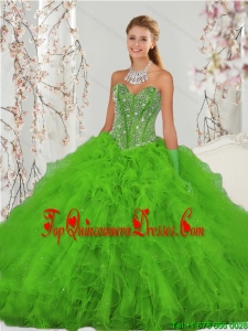 2015 Popular Beading and Ruffles Spring Green Sweet 15 Unique Quinceanera Dresses