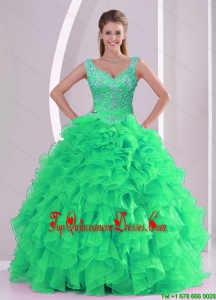 2015 Unique Spring Green Vestidos de Quinceanera with Beading and Ruffles