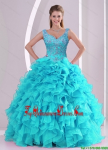 Most Popular Beading and Ruffles Puffy Sweet 16 Gowns in Aqua Blue
