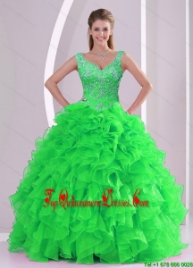 Wonderful Beading and Ruffles Spring Green Unique Quinceanera Dresses