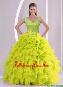 Trendy Beading and Ruffles Yellow Green Quince Dresses for 2015