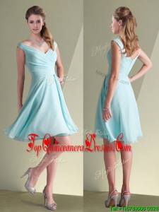 Fashionable Chiffon Off the Shoulder Aqua Blue Dama Dress with Ruching