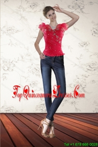 2015 Red Beaded Sweetheart Corset with Ruffled Layers