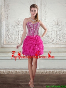 2015 Sweetheart Hot Pink Dama Dress with Beading and Ruffled Layers